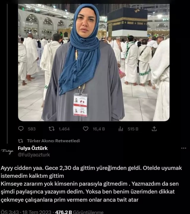Fulya Öztürk'ten Umre Paylaşımına Tepkilere Yanıt