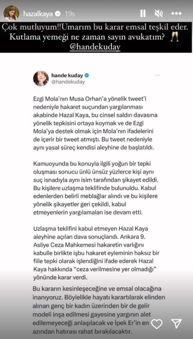 Ünlü Oyuncu Hazal Kaya, Musa Orhan'ın Hakaret Davasından Beraat Etti
