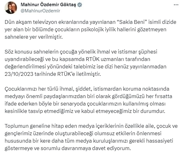 Bakan Göktaş, Sakla Beni Dizisindeki Çocuk Sahneleri İçin Rtük'e Başvurdu!