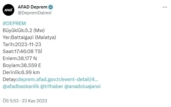 Malatya Battalgazi'de 5,2 Büyüklüğündeki Deprem!