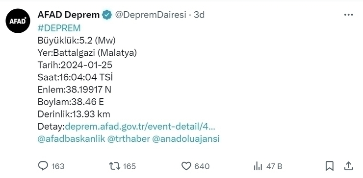 Malatya Battalgazi'deki 5,2 Büyüklüğündeki Depremle İlgili Açıklama!