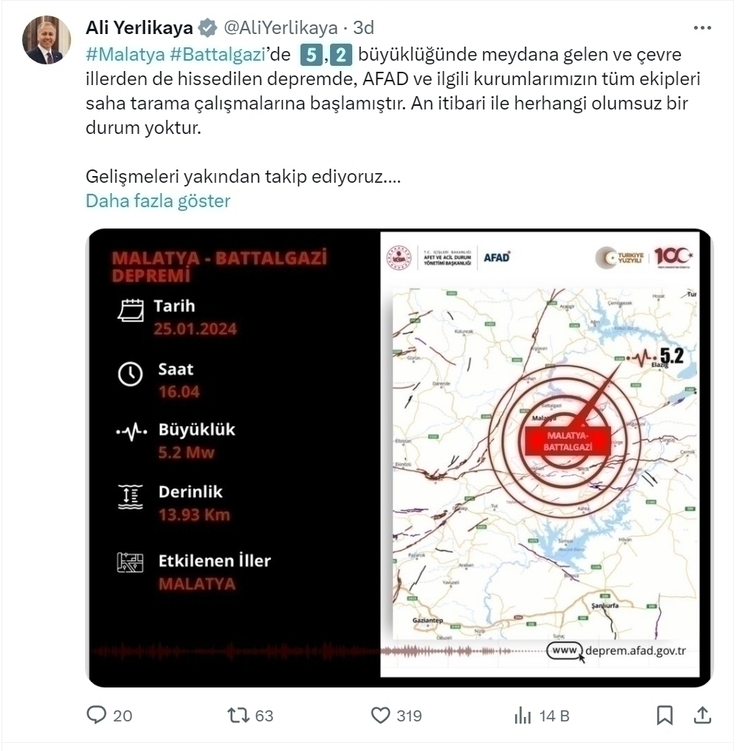 Malatya Battalgazi'deki 5,2 Büyüklüğündeki Depremle İlgili Açıklama!