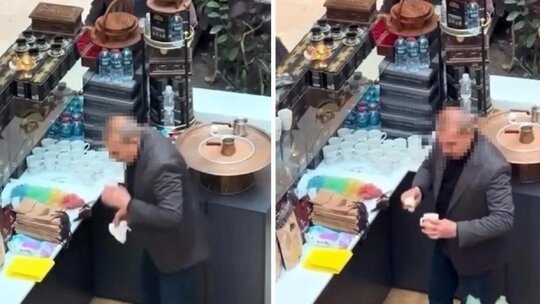 Edirne'de bir kahve dükkanında fincanları tükürerek temizleyen işletmeciye ait...