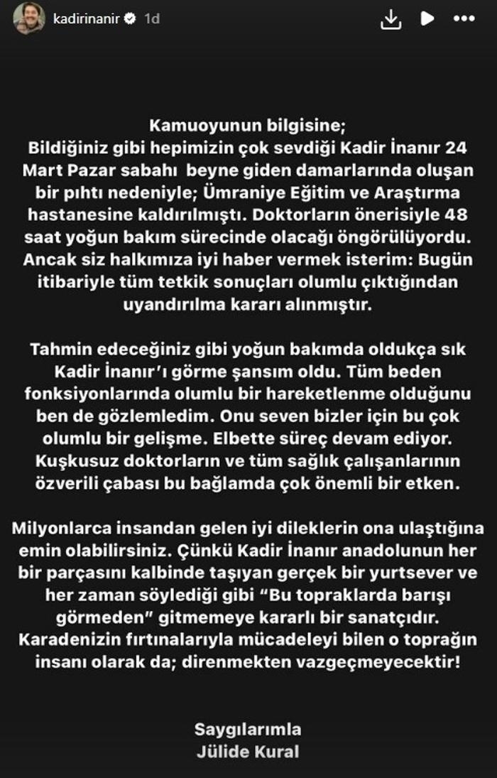Kadir İnanır'ın Durumu İyileşiyor