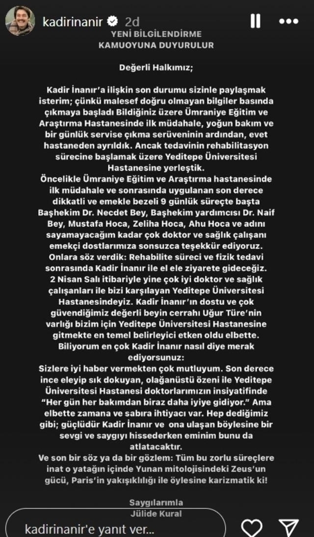 Kadir İnanır'ın Durumu İyileşiyor: Jülide Kural'dan Övgü Dolu Açıklama