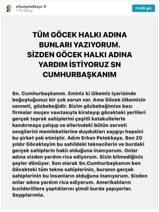 Erkan Petekkaya, Göcek'te Yaşanan Durum İçin Cumhurbaşkanı'ndan Yardım İstedi