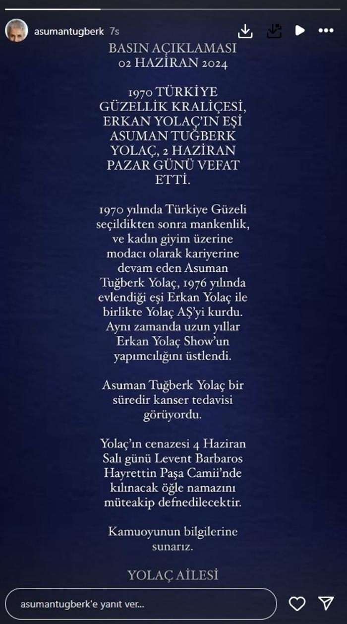Asuman Tuğberk Yolaç, Eşi Erkan Yolaç'ın Ardından Vefat Etti
