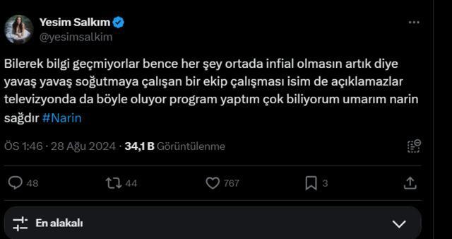 Yeşim Salkım Narin yorumu ile tepkileri üzerine çekti, kaybolan çocuğun arama çalışmaları devam ediyor