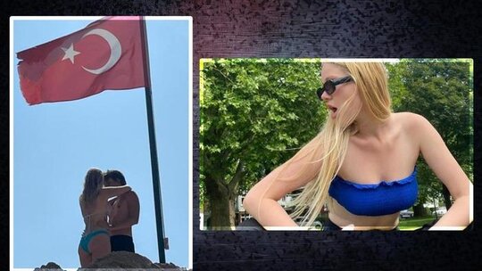 Serel Yereli ve Oğul Avcı'nın Türk bayrağı altında öpüşen fotoğrafları tartışma yarattı