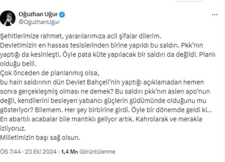 Oğuzhan Uğur’un Tepkisi: Terör Saldırısının Ardından Bahçeli’nin Açıklaması Dikkat Çekti