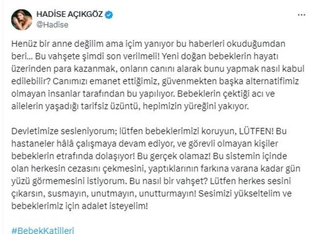 Hadise’den yenidoğan çetesi skandalına sert tepki: Devletimize sesleniyorum!