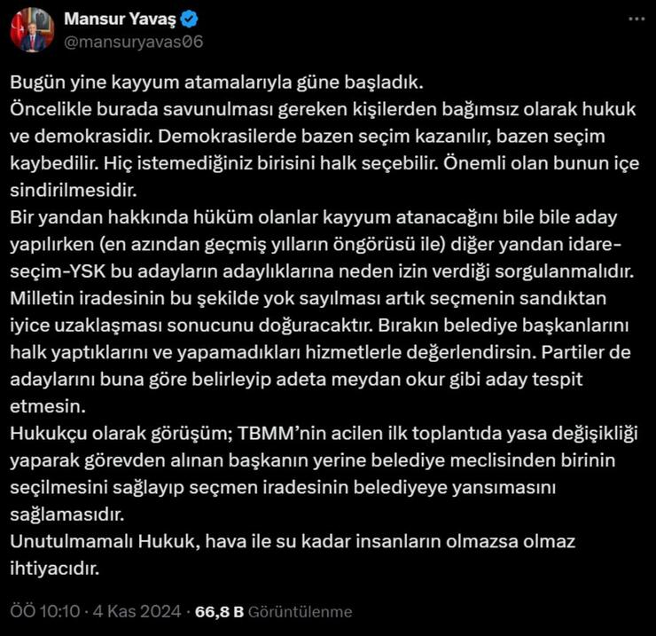 Yavaş'tan kayyum tepkisi: Meclis'e yasa değişikliği çağrısı ve halk iradesine vurgu!