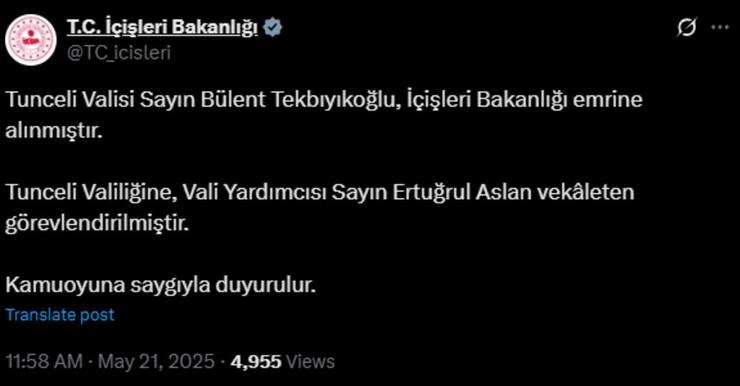 Tunceli Valisi Tekbıyıkoğlu merkeze çekildi, yerine vekaleten atama yapıldı
