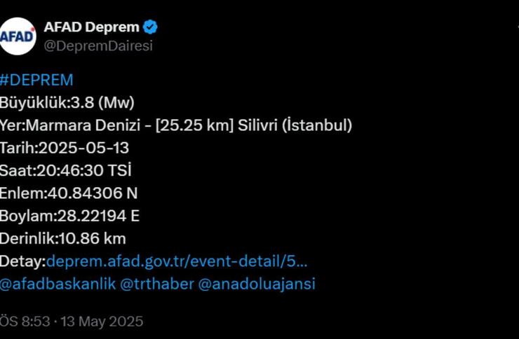 Marmara Denizi'nde Silivri açıklarında 3.8 büyüklüğünde deprem! İstanbul'da da hissedildi.
