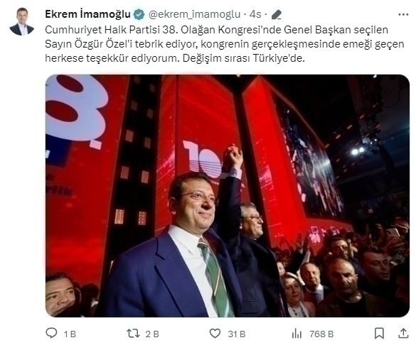 İmamoğlu, Özgür Özel'i Tebrik Etti Ve Değişim Sırası Türkiye'de Dedi!